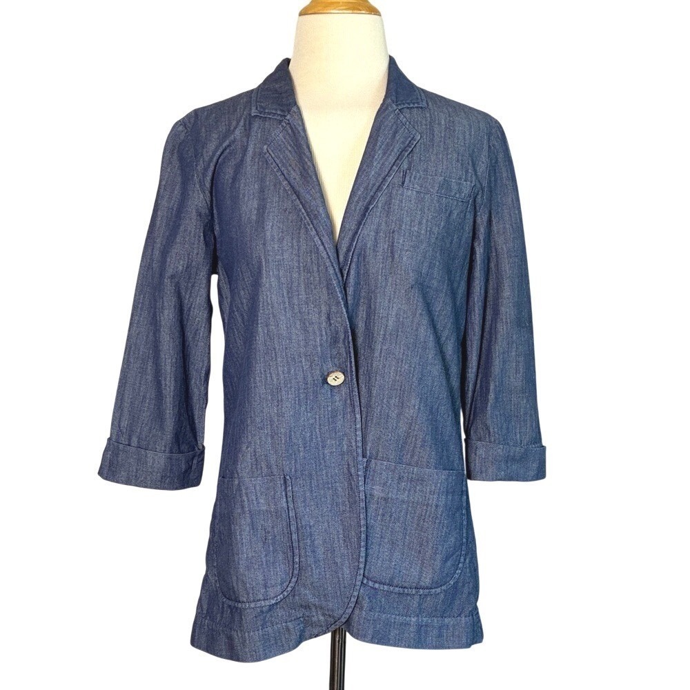 LARK & WOLFF‎ Anthropologie Medium Cotton Chambray One Button Blazer 3/4 Sleeve